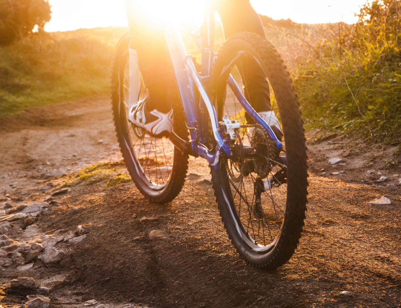 Bicycle moving along a rocky dirt trail under warm sunlight, with a rider wearing athletic shoes, surrounded by outdoor greenery and a clear sky in Conejo Valley.