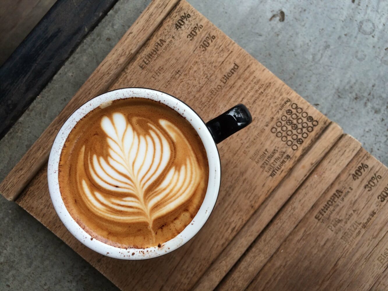 A cup of latte with intricate leaf latte art sits on a wooden surface, featuring text about coffee blends: "ETHIOPIA 40%," "30%," "30%," and lists of coffee characteristics within a rustic café setting in Conejo Valley.