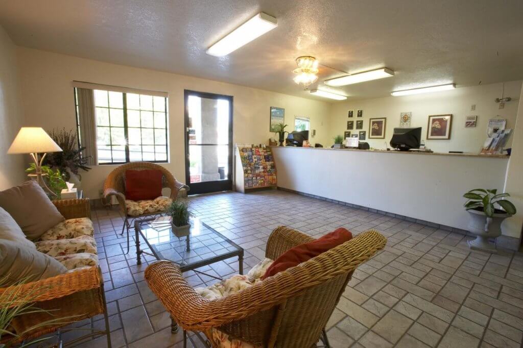 a living room with a tile floor