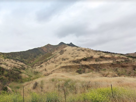 Rolling hills covered in dry grass stretch under overcast skies, with patches of green vegetation scattered across the landscape with a serene natural setting perfect for outdoor exploration and photography in Conejo Valley.