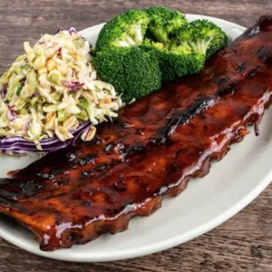 Full rack of ribs and sides on Wood Ranch menu