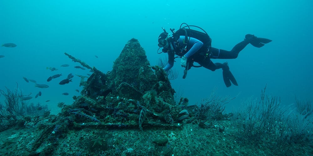 Underwater wreckage of a World War II plane, the Grumman TBF 1C Avenger in the Pacific Ocean. A scuba diver's attraction in Channel Islands, California. Photo credit: Robert Schwemmer/NOAA Channel Island Marine Sanctuary