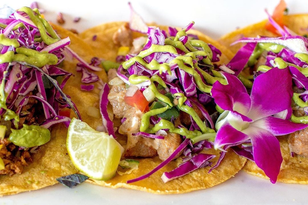 Tacos topped with vibrant purple cabbage, diced tomatoes, green sauce, and a purple flower, garnished with a lime wedge, arranged on a white plate for a colorful presentation in Conejo Valley.