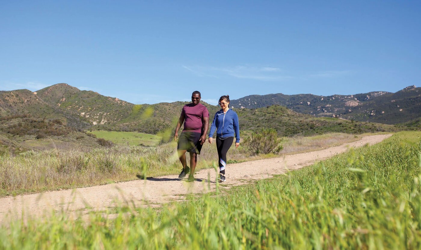 Two people walking along a dirt path surrounded by lush green fields and mountainous terrain under a clear blue sky.