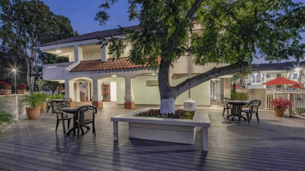 Outdoor patio area features round tables with chairs under a large tree surrounded by planters, on a wooden deck.