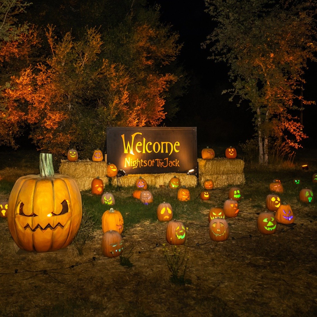 Illuminated jack-o'-lanterns with various expressions sit on hay in a nighttime outdoor display.