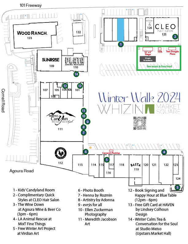 Winter Walk 2024 event map for Whizin Market Square in Agoura Hills showing store locations, activity stations, and participant numbers. The map labels businesses such as Wood Ranch, Plata Taqueria, CLEO Hair Salon, Mixt Fine Things, and Agoura Wine and Beer Co along with event features including kids’ activities, art stations, photo booth, book signing, live music, and giveaways.