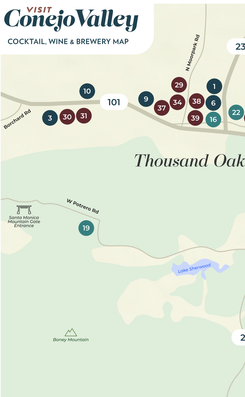 A stylized map graphic titled “Visit Conejo Valley: Cocktail, Wine & Brewery Map,” showing a section of Conejo Valley with Highway 101, Borchard Road, West Potrero Road, and numbered circular markers indicating drink destinations, including a marker near the Santa Monica Mountains Gate Entrance.