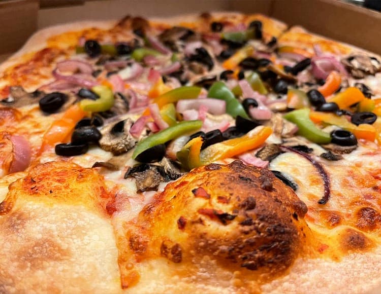 A close-up of a freshly baked vegetable pizza topped with melted cheese, black olives, sliced mushrooms, green and orange bell peppers, and red onions, with a golden-brown crust.