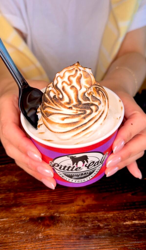 Close-up of a cup topped with a tall swirl of toasted meringue, held in both hands with a black spoon tucked alongside.